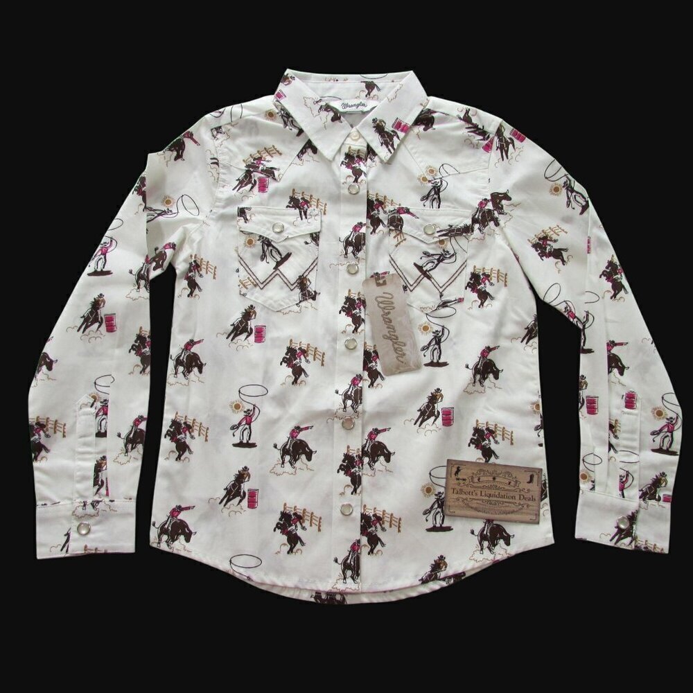 Wrangler Girl's XL Long Sleeve Rodeo Bucking Bronc Bull Western Print Snap Shirt